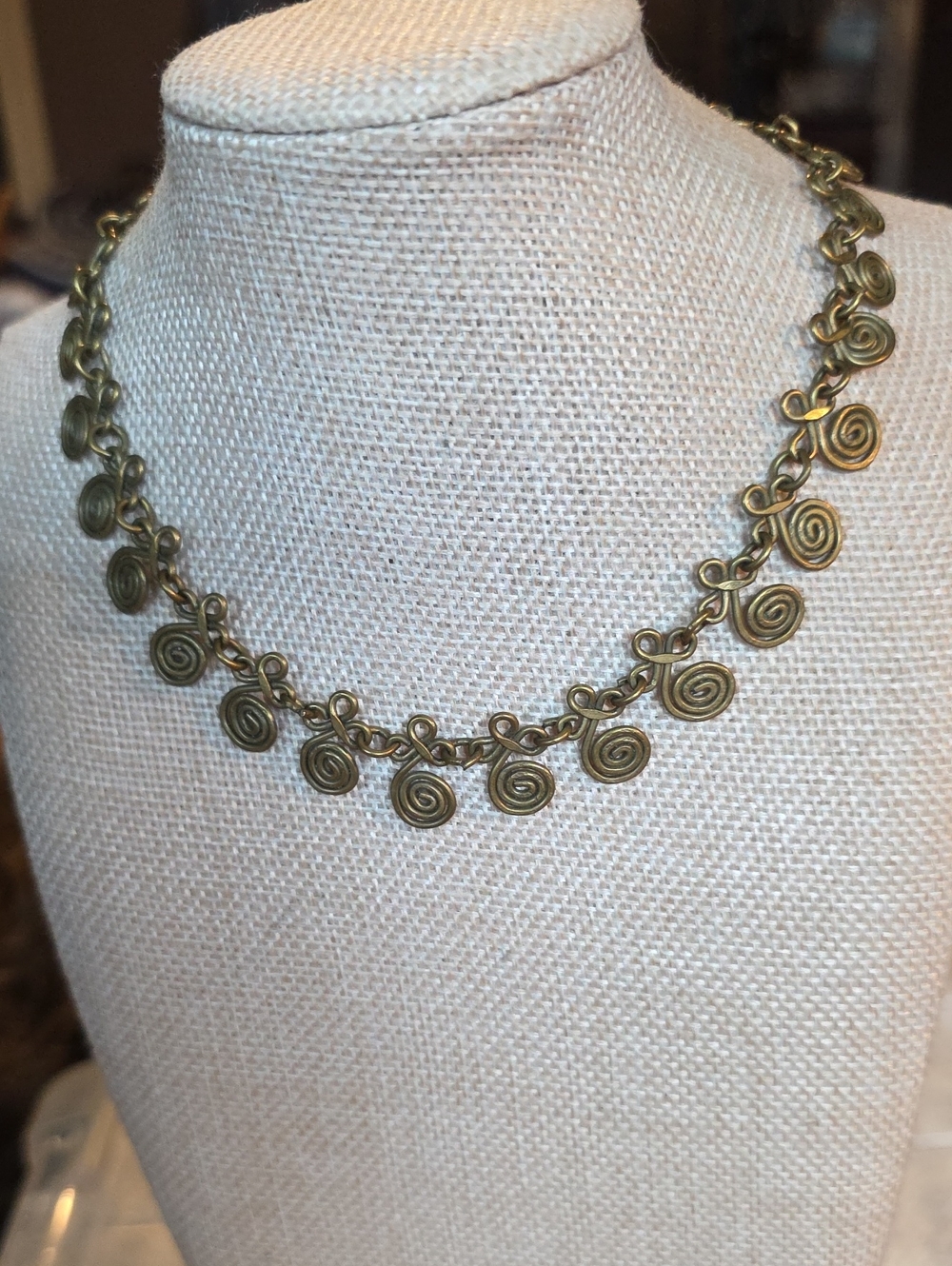 Antique Etruscan Revival Brass Spiral Link Bib Necklace - 14" Choker